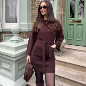 Mini Knitted Cocoon Dress - Hot Chocolate