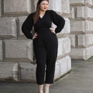 Ottoman Langärmliger Wickel-Jumpsuit - Schwarz